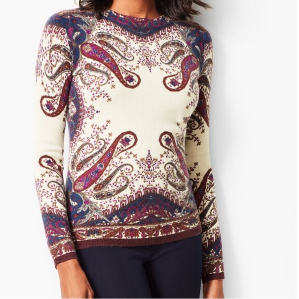 TALBOTS Audrey Cream and‎ Purple 100% Cashmere Crewneck Sweater SZ M